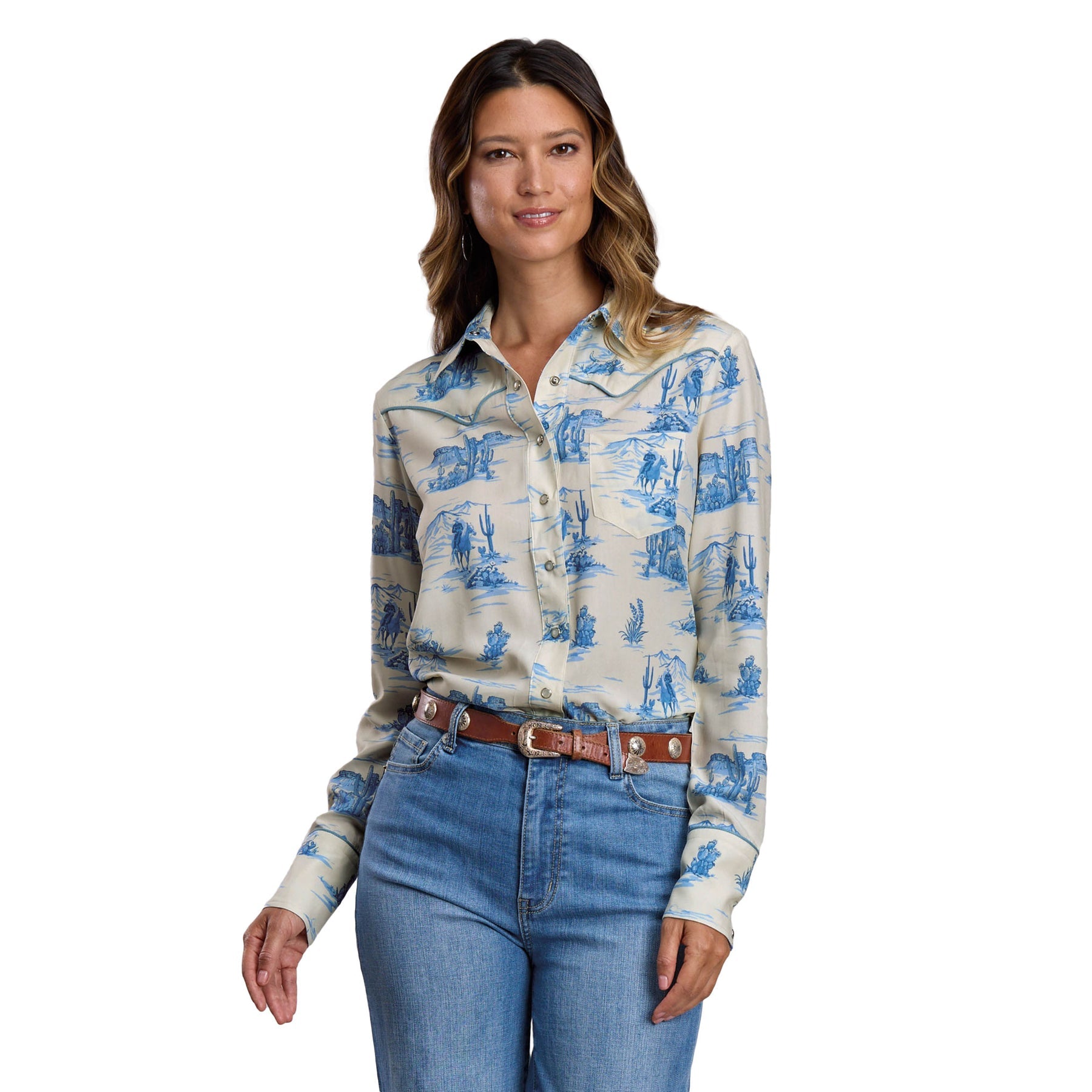 Stetson Womens Winter 2026 Collection Long Sleeve Shirt - White with Blue Print