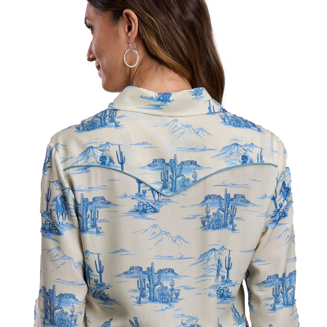 Stetson Womens Winter 2026 Collection Long Sleeve Shirt - White with Blue Print