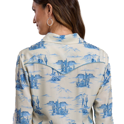 Stetson Womens Winter 2026 Collection Long Sleeve Shirt - White with Blue Print