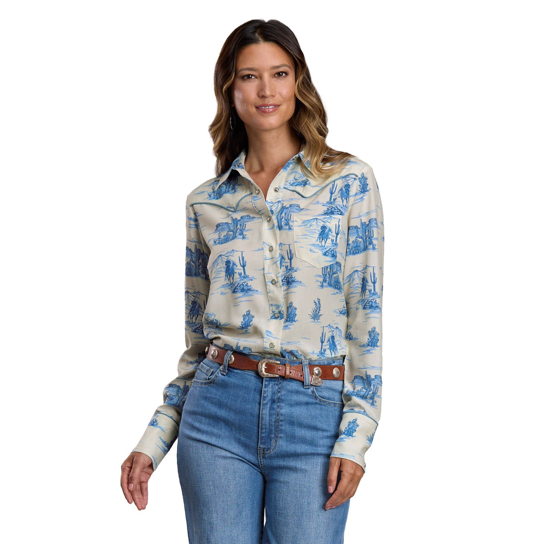 Stetson Womens Winter 2026 Collection Long Sleeve Shirt - White with Blue Print