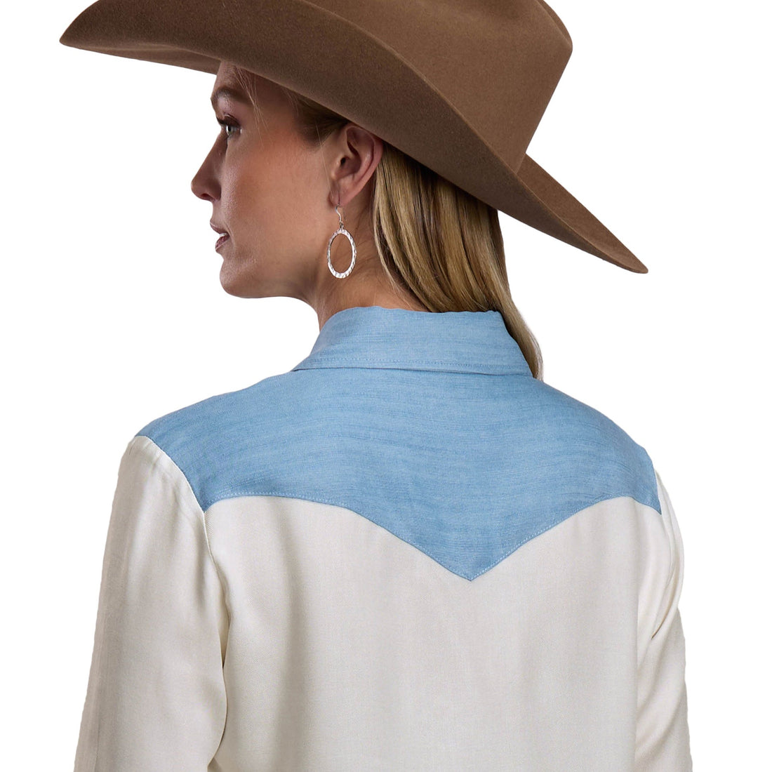 Stetson Womens Winter 2026 Collection Long Sleeve Shirt - White with Denim Shoulder