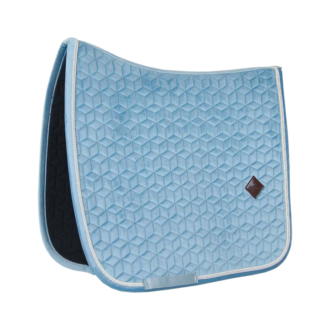 Blue textured saddle pad with a diamond pattern on a white background