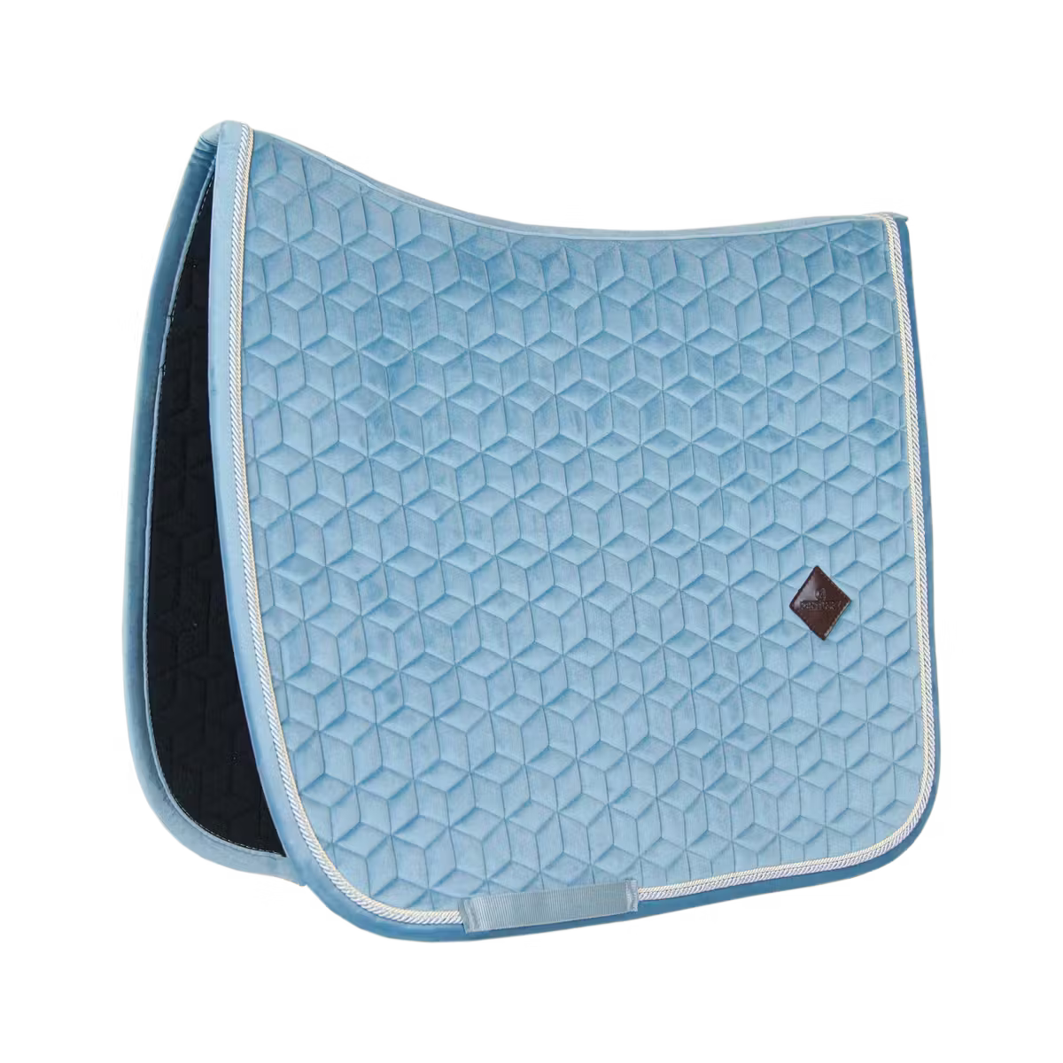 Blue textured saddle pad with a diamond pattern on a white background