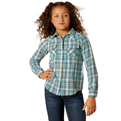 Ariat Girls Darla Snap Long Sleeve Shirt - Aqua Plaid