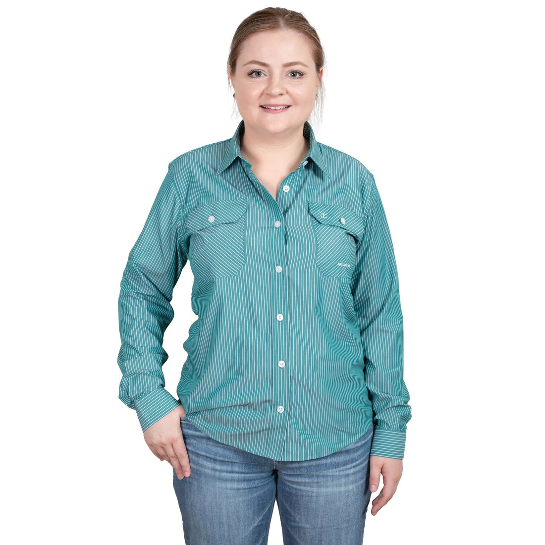 Just Country Brooke Bamboo Blend Workshirt Green with White Stripe