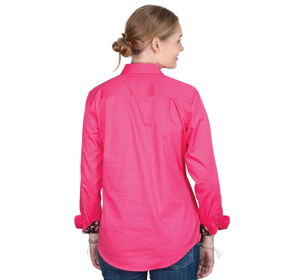 Just Country Womens Jahna Half Button Workshirt - Hot Pink with Navy Peonies