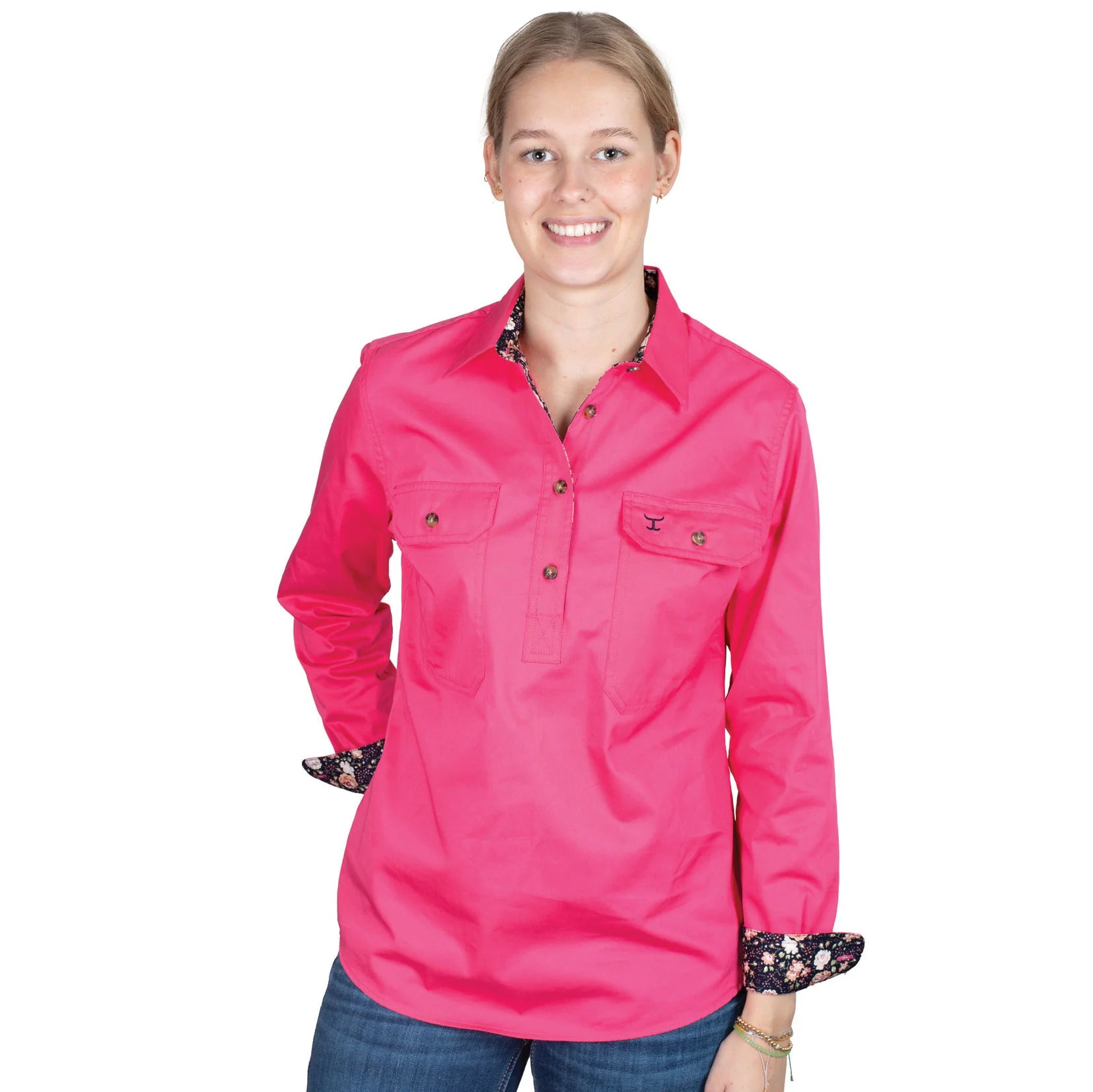Just Country Womens Jahna Half Button Workshirt - Hot Pink with Navy Peonies