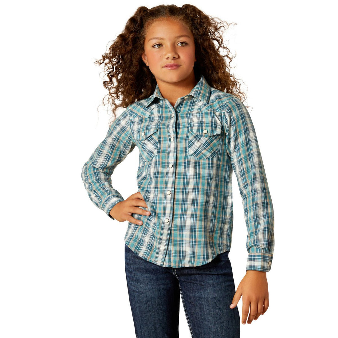Ariat Girls Darla Snap Long Sleeve Shirt - Aqua Plaid - Saddleworld Devonport