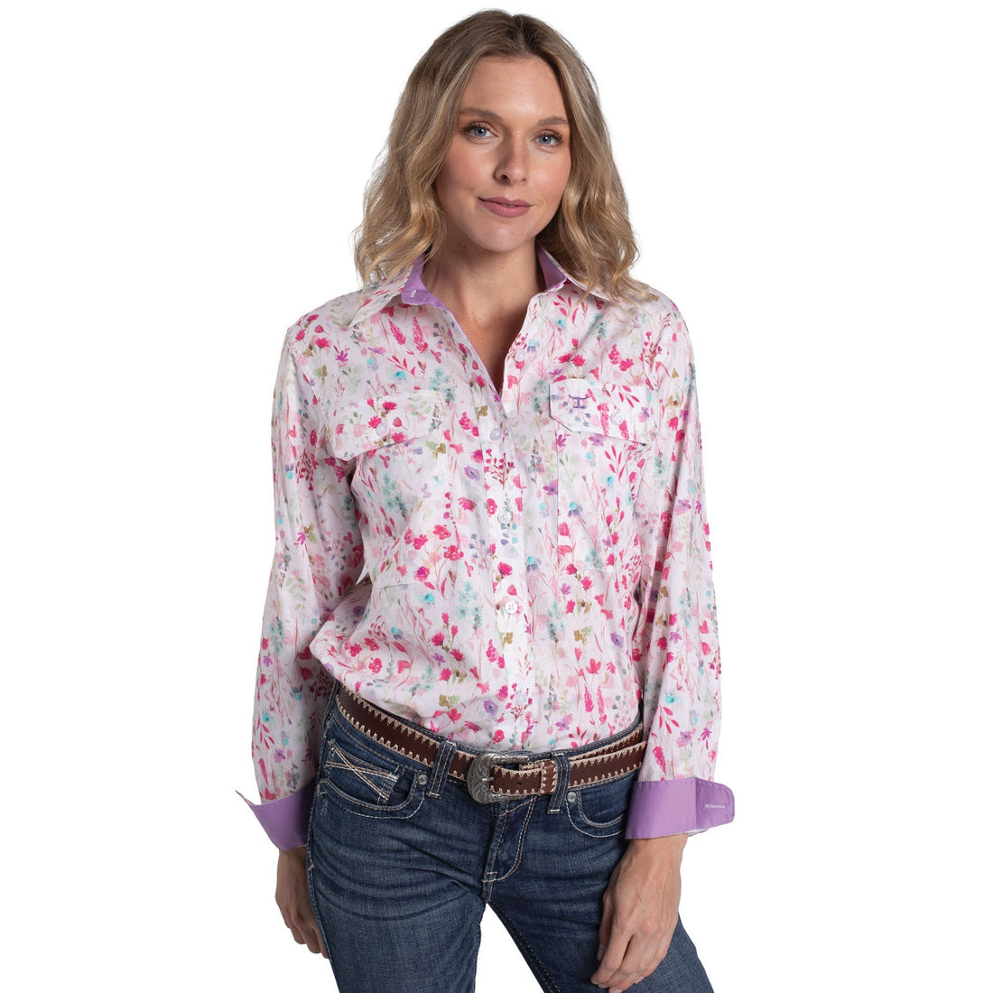 Just Country Abbey Button Down Workshirt - White Wildfowers &amp; Orchid - Saddleworld Devonport