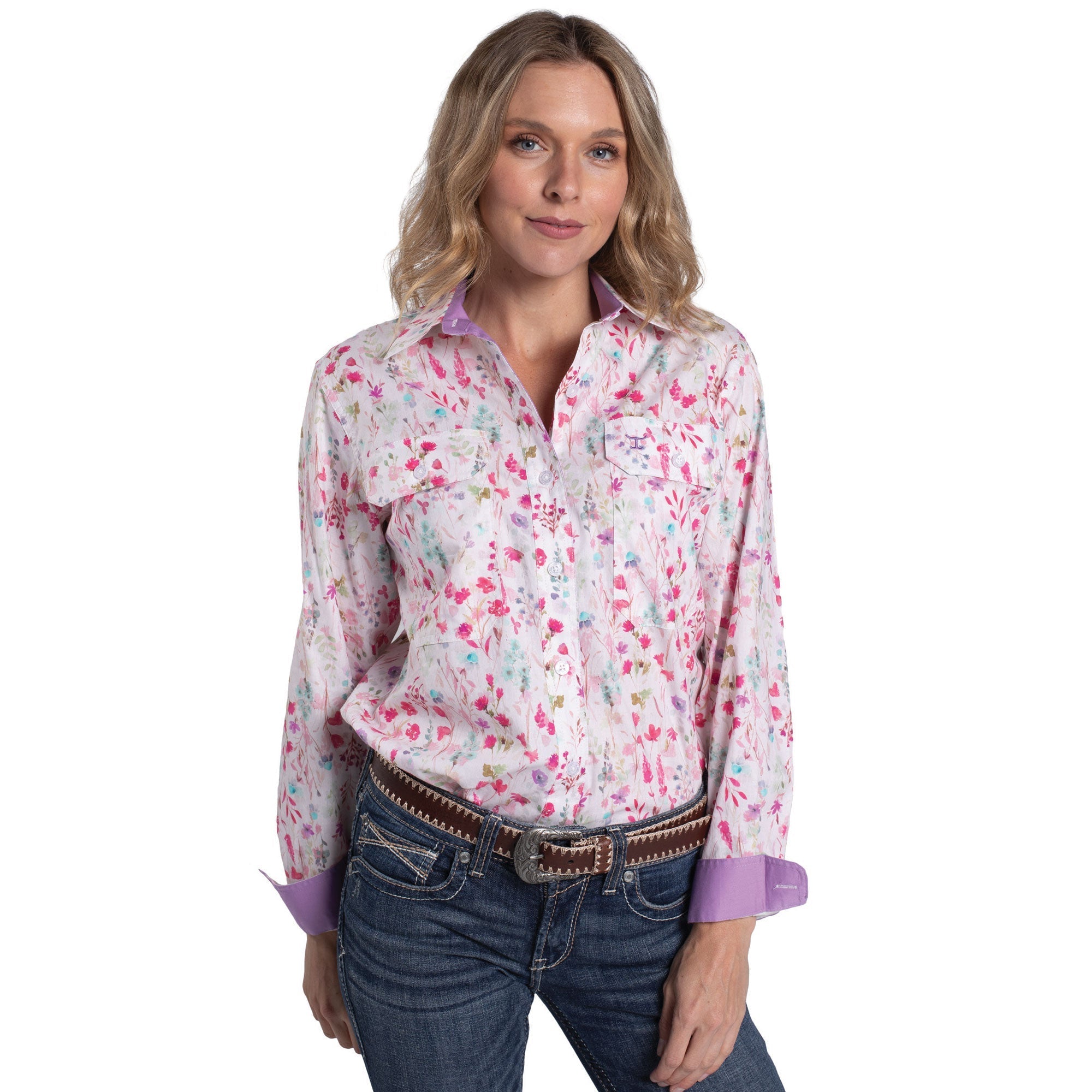 Just Country Abbey Button Down Workshirt - White Wildfowers &amp; Orchid - Saddleworld Devonport