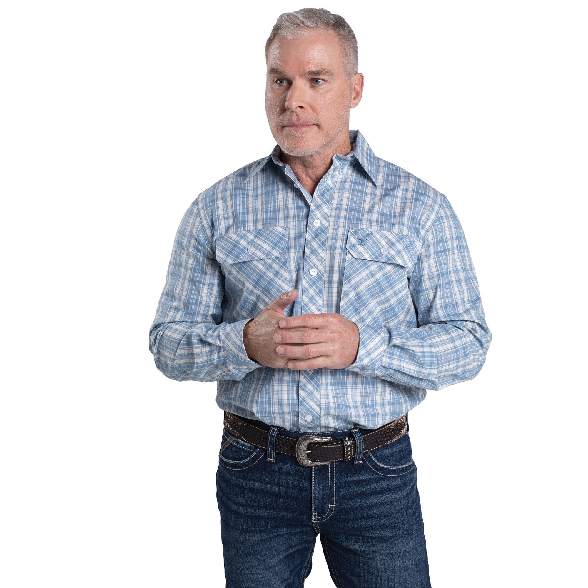 Just Country Mens Austin Workshirt - Cornflower &amp; White Plaid - Saddleworld Devonport