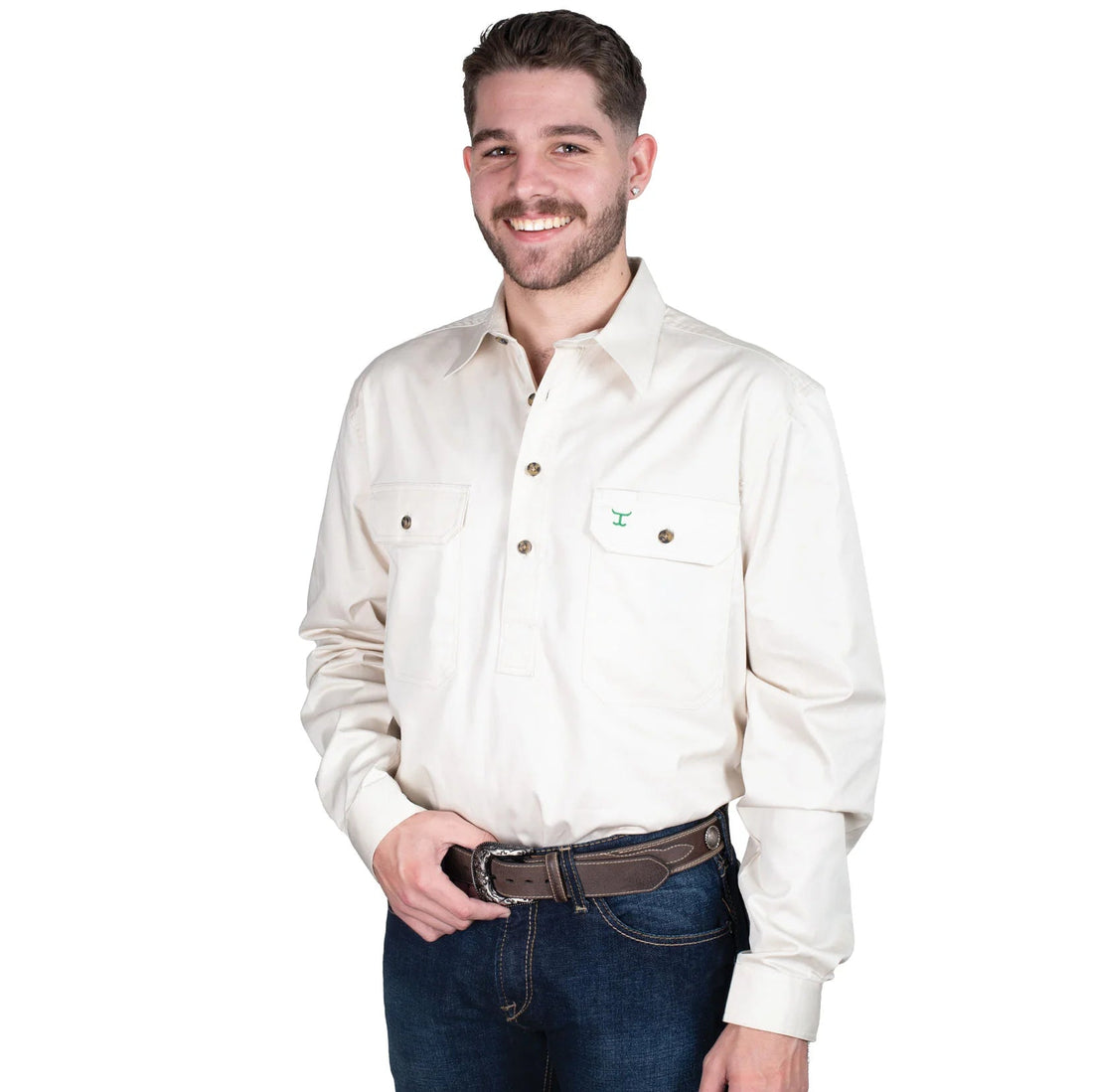 Just Country Mens Cameron Half Button Workshirt - Oat - Saddleworld Devonport