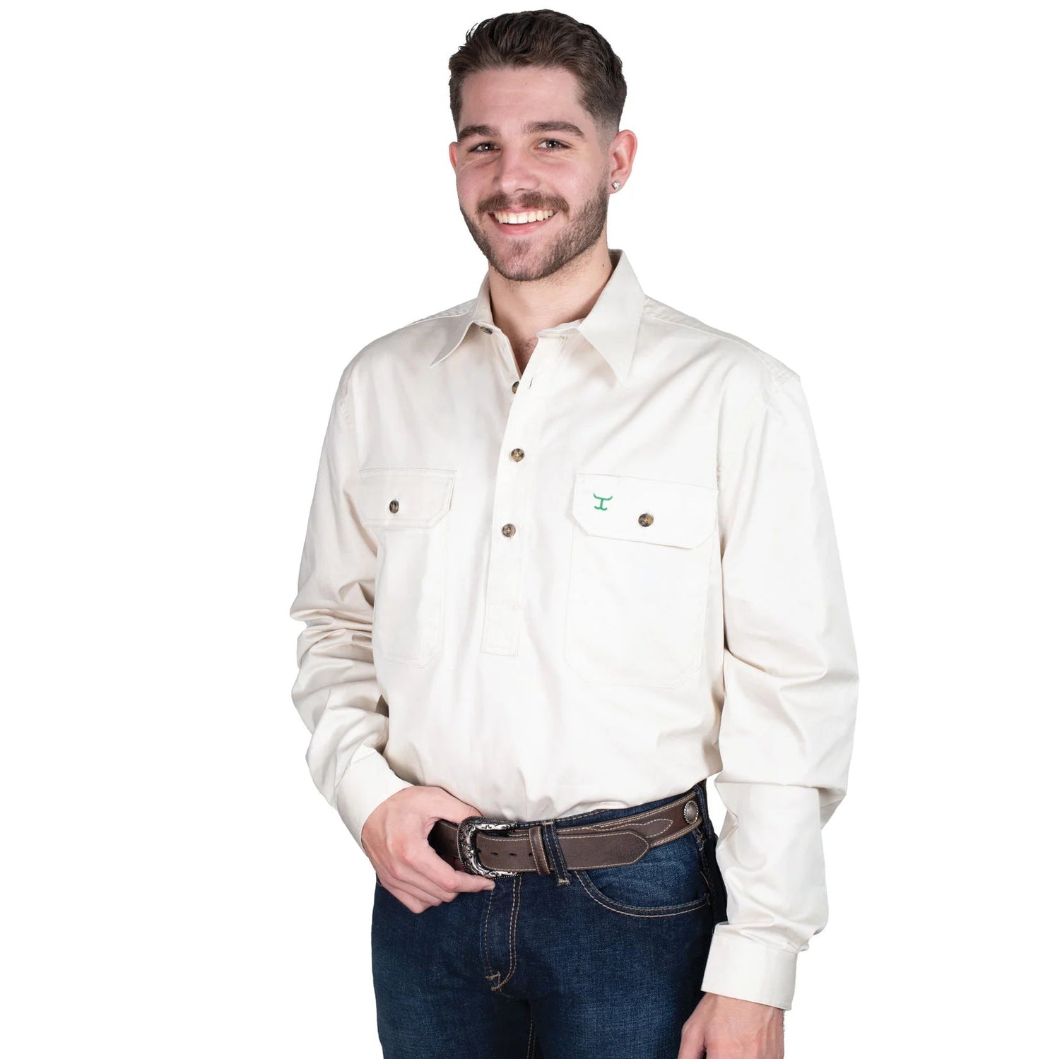 Just Country Mens Cameron Half Button Workshirt - Oat - Saddleworld Devonport