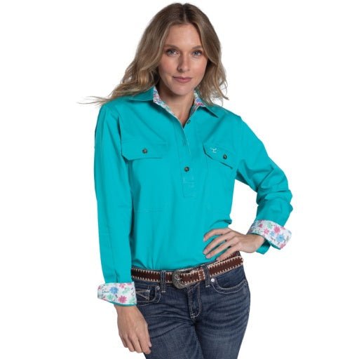 Just Country Womens Jahna Workshirt - Turquoise/White Confetti Floral - Saddleworld Devonport
